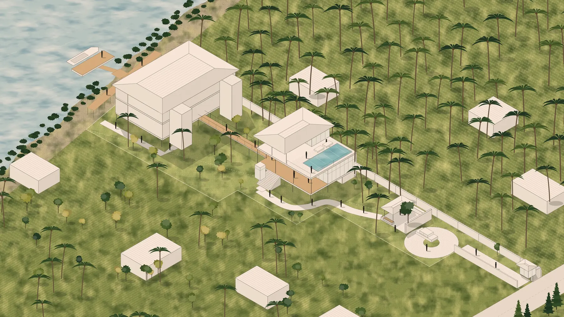 Illustration, unbuilt: the estate from above, on the river side: the building of twelve keys on its piles, the plaza and its pool, the walk between them and the dock on the river